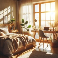 Obraz premium Sunny Bedroom Interior with a Home Office Desk