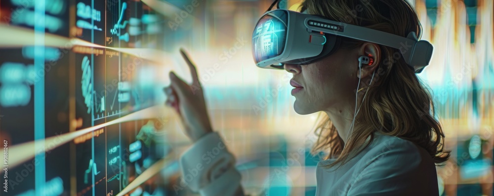 Aufkleber woman using virtual reality headset while interacting with digital data in futuristic environment