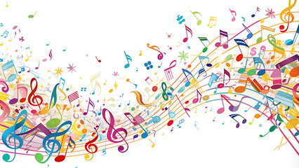 Colorful Music Notes and Symbols, Festive Melody on White Background