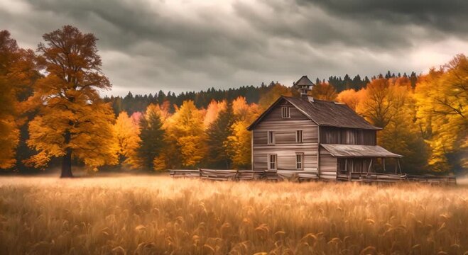 Beautiful fall with an old farmhouse surrounded by trees and field Seamless looping time lapse video animation background 4k animation