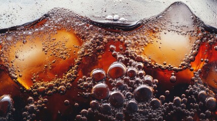 Close-up of fizzy cola with ice, bubbles floating to the surface, cold drink