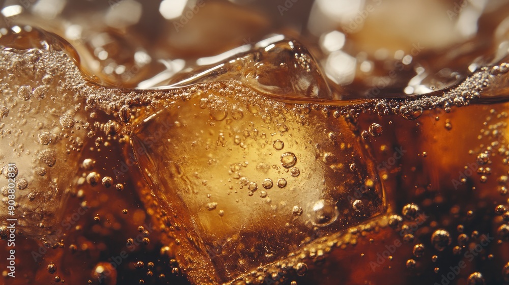 Poster close-up of ice cubes in cola, bubbles floating up, cold and refreshing