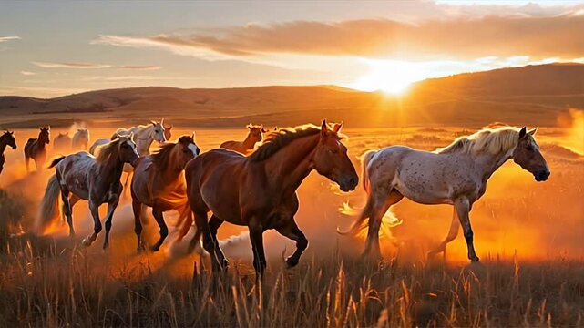 A herd of horses running across a field in the sun. The horses are of different colors, including brown and white. The scene is peaceful and serene, with the sun shining brightly in the background
