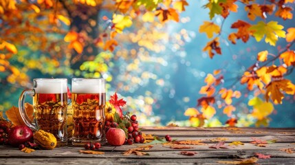 Two full beer mugs on rustic wooden table with autumn leaves.