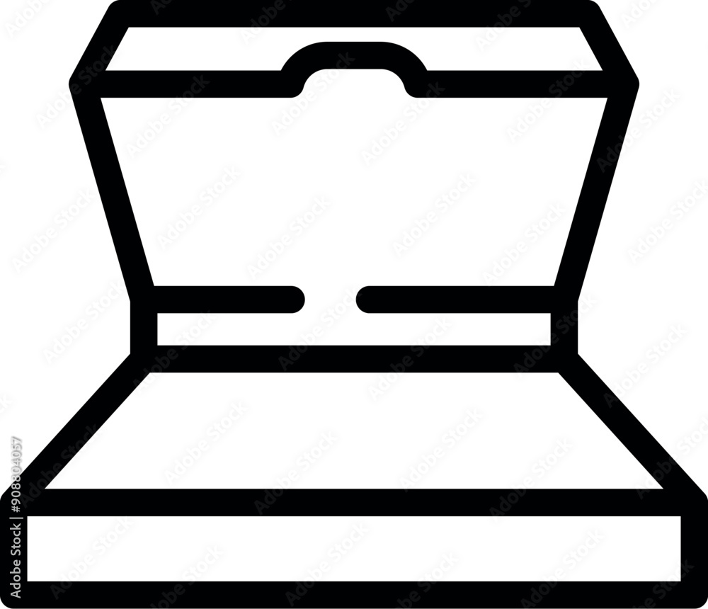 Poster simple black and white icon of an open empty pizza box standing on a table