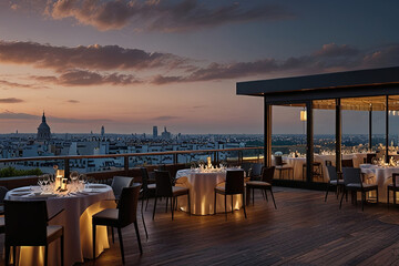 Obraz premium Elegant luxury rooftop restaurant in offering a panoramic city view