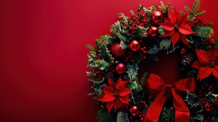A Christmas wreath made of holly and pine branches, decorated with red ribbons and ornaments, creates a warm and festive background with space for wishes