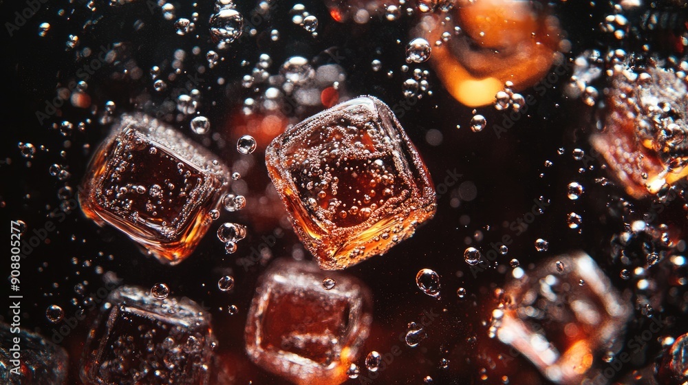 Poster ice cubes floating in fizzy cola, bubbles creating a sparkling effect