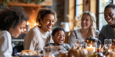 A family is gathered around a table with food and drinks, smiling and laughing together. Scene is warm and joyful, as the family enjoys a festive meal together