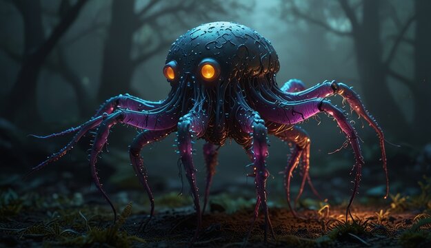 Mystical Bioluminescent Octopus in Forest