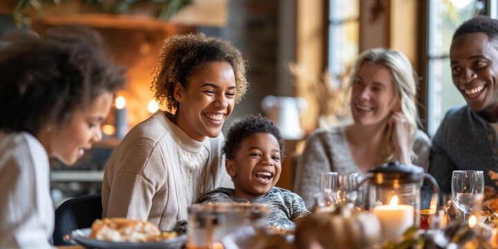 A family is gathered around a table with food and drinks, smiling and laughing together. Scene is warm and joyful, as the family enjoys a festive meal together