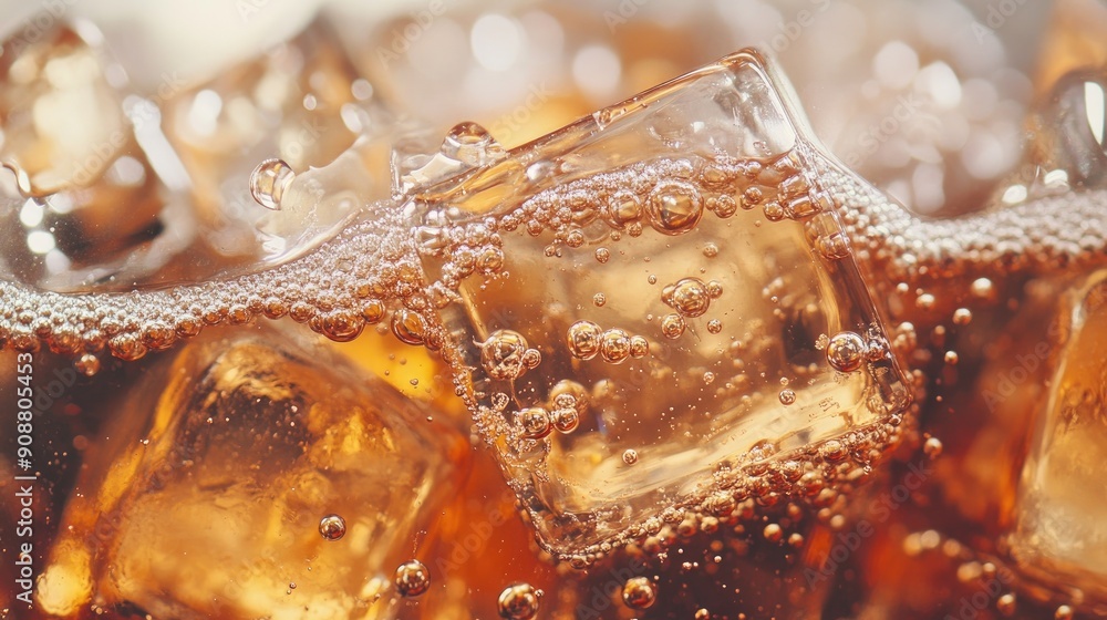 Poster ice cubes in cola, bubbles fizzing and floating to the top, macro shot