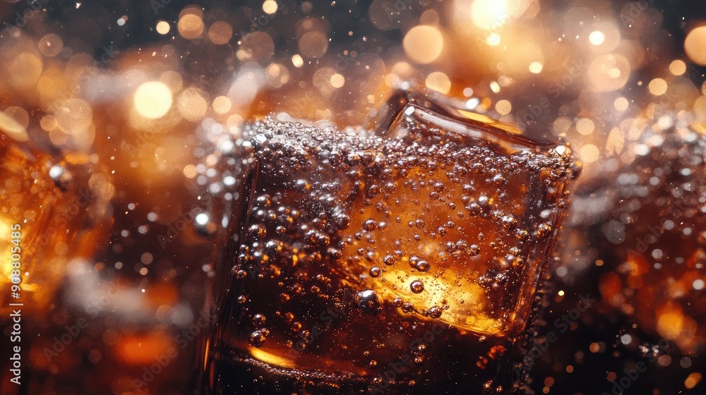 Poster ice cubes floating in fizzy cola, bubbles creating a sparkling effect
