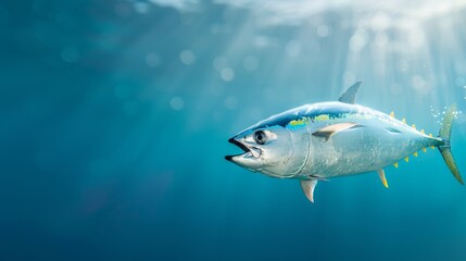 Beautiful underwater scene featuring a vibrant tuna swimming gracefully through clear blue water with rays of sunlight filtering down.
