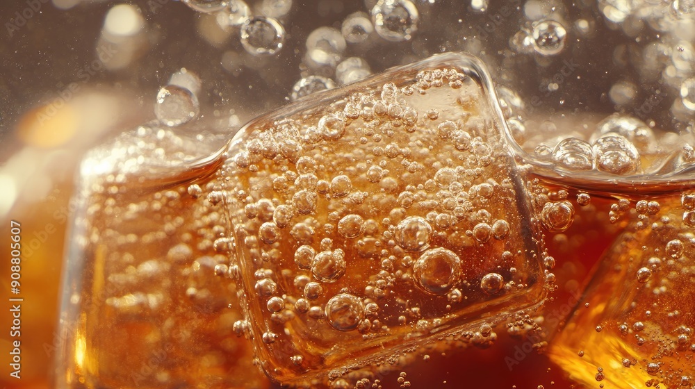 Aufkleber ice cubes in cola, bubbles fizzing and floating to the top, macro shot