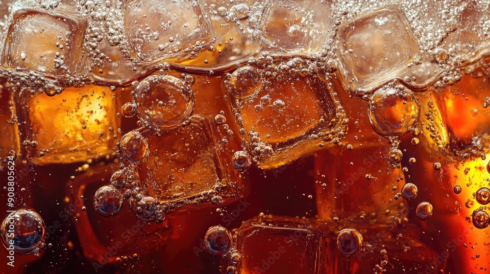 Aufkleber ice cubes in cola, bubbles fizzing and floating to the top, macro shot