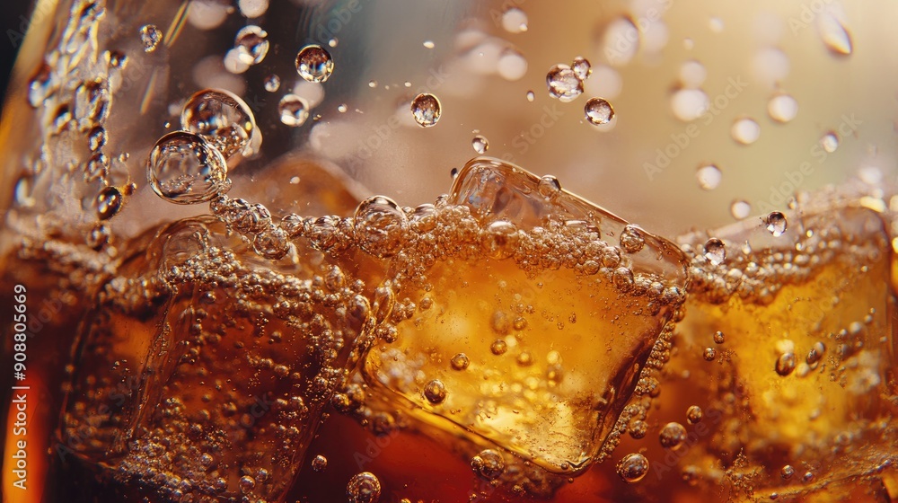 Aufkleber ice cubes in cola, bubbles fizzing and floating to the top, macro shot