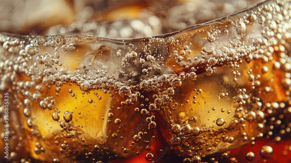 Aufkleber ice cubes in cola, bubbles fizzing and floating to the top, macro shot