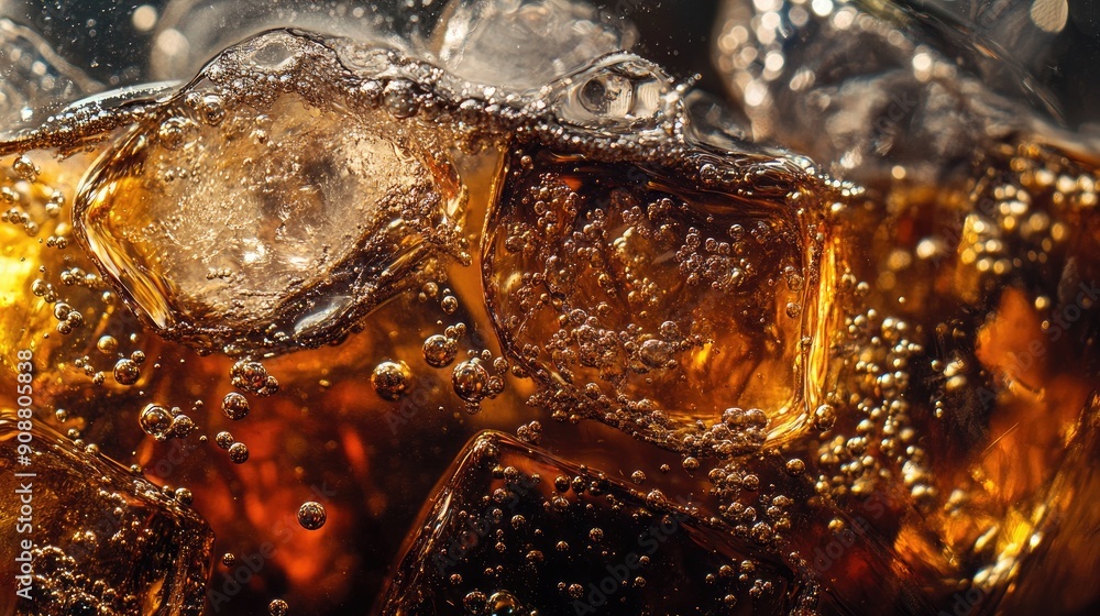 Poster ice cubes in cola, bubbles fizzing and floating to the top, macro shot