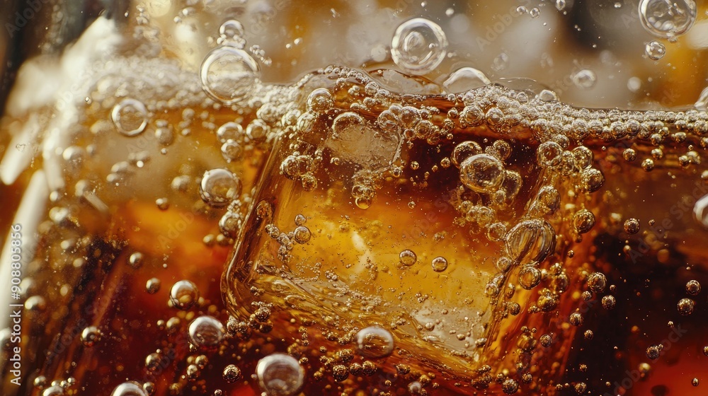 Aufkleber ice cubes in cola, bubbles fizzing and floating to the top, macro shot