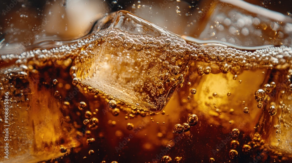 Aufkleber ice cubes in cola, bubbles fizzing and floating to the top, macro shot