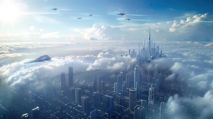 Obraz premium City of the future Technology, Cities of the future with spaceships flying between cities, Futuristic, Cyberpunk, buildings, height view, Blue sky in the background with white clouds around the center