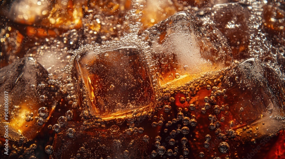 Poster ice cubes in cola, bubbles fizzing and sparkling, close-up view