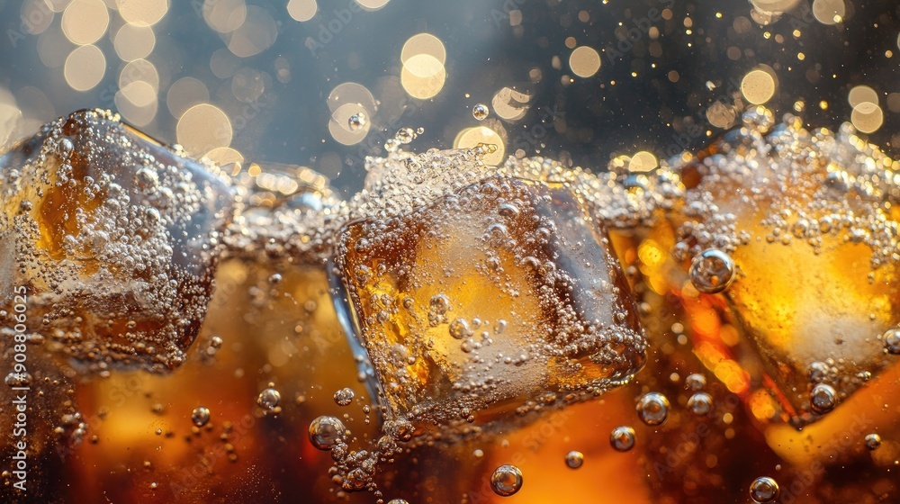 Poster ice cubes in cola, bubbles fizzing and sparkling, close-up view