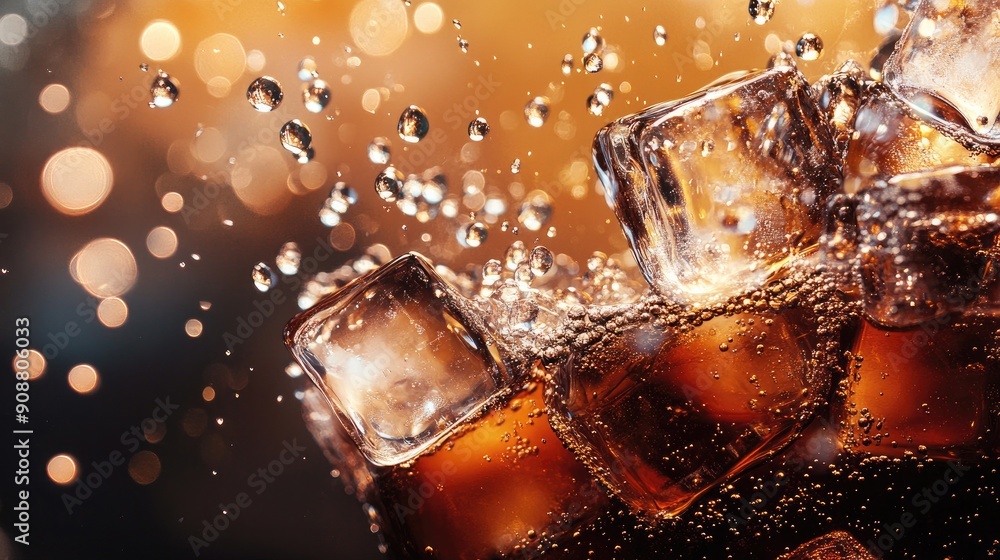 Aufkleber ice cubes in cola, bubbles fizzing and sparkling, refreshing view
