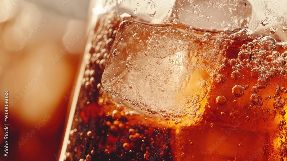 Poster ice cubes in cola, bubbles fizzing and sparkling, refreshing view