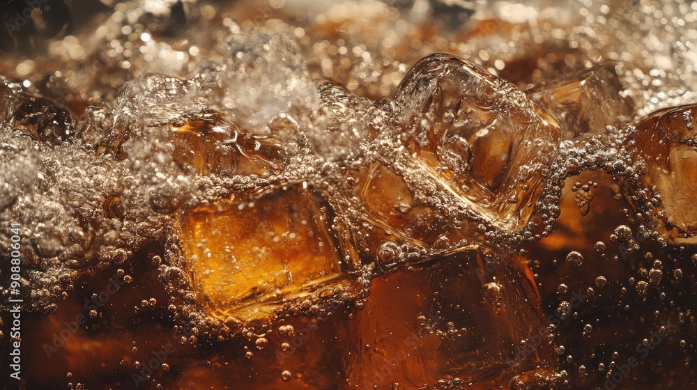 Aufkleber ice cubes in cola, bubbles fizzing and sparkling, refreshing view