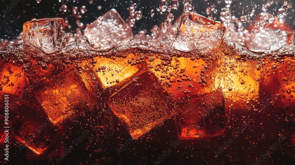 Poster ice cubes in cola, bubbles fizzing and sparkling, refreshing view