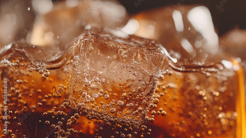 Poster ice cubes in cola, bubbles fizzing and sparkling, refreshing view