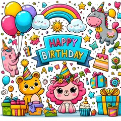 Fototapeta premium Happy Birthday Doodle Illustration with Cute Animals, Presents, and Balloons