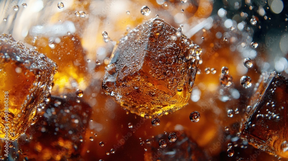Poster ice cubes in cola, bubbles fizzing and sparkling, refreshing view