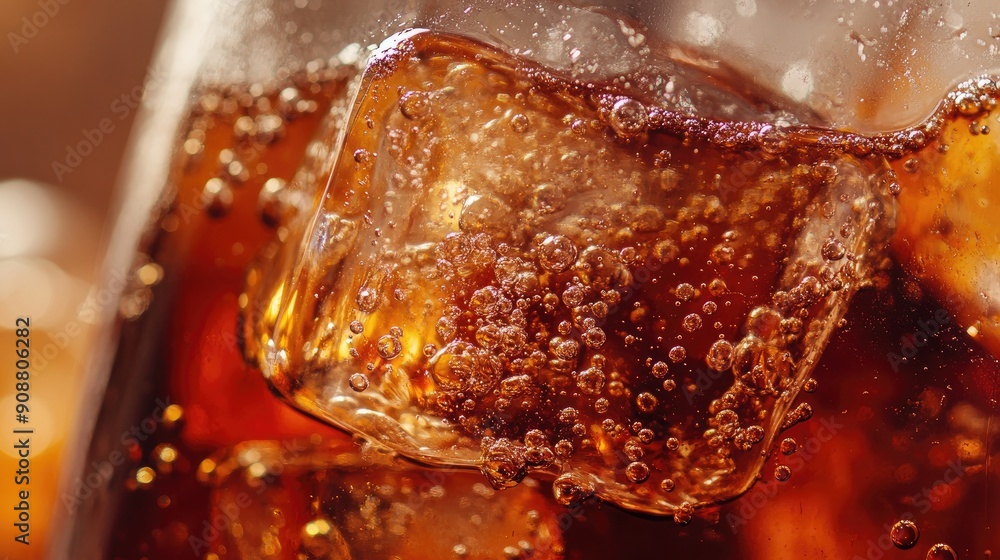 Poster ice cubes in cola, bubbles rising and creating a fizzy texture, macro shot
