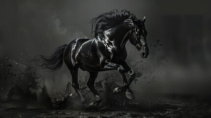 Cool black stallion animal on dark background