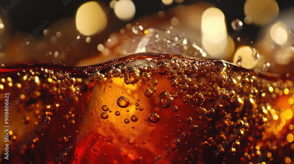 Poster macro shot of cola with ice cubes, bubbles fizzing and floating to the top