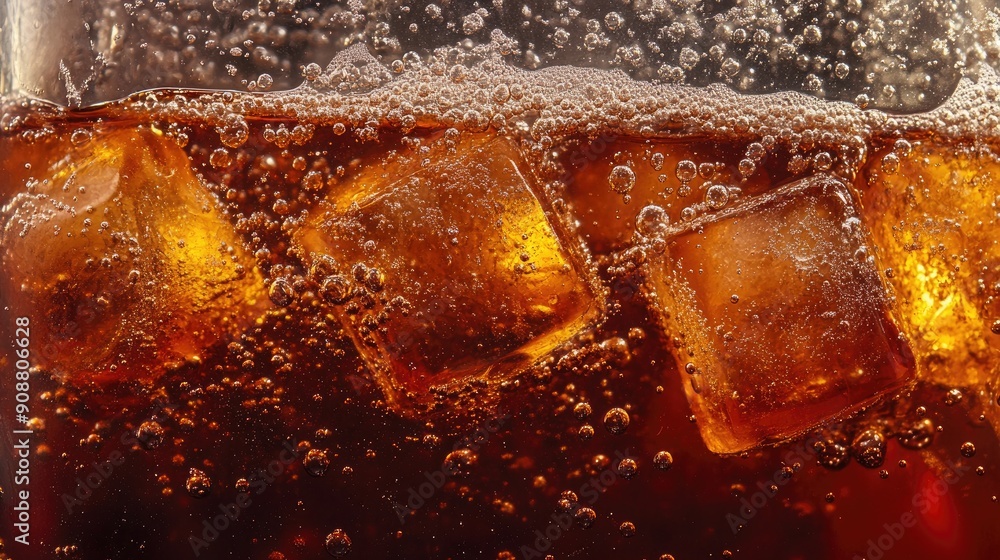 Aufkleber ice cubes in cola, bubbles rising and creating a fizzy texture, macro shot
