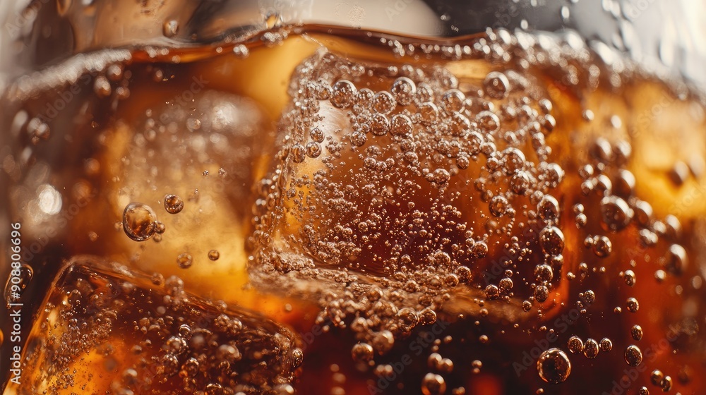 Aufkleber macro shot of cola with ice cubes, bubbles fizzing and floating to the top
