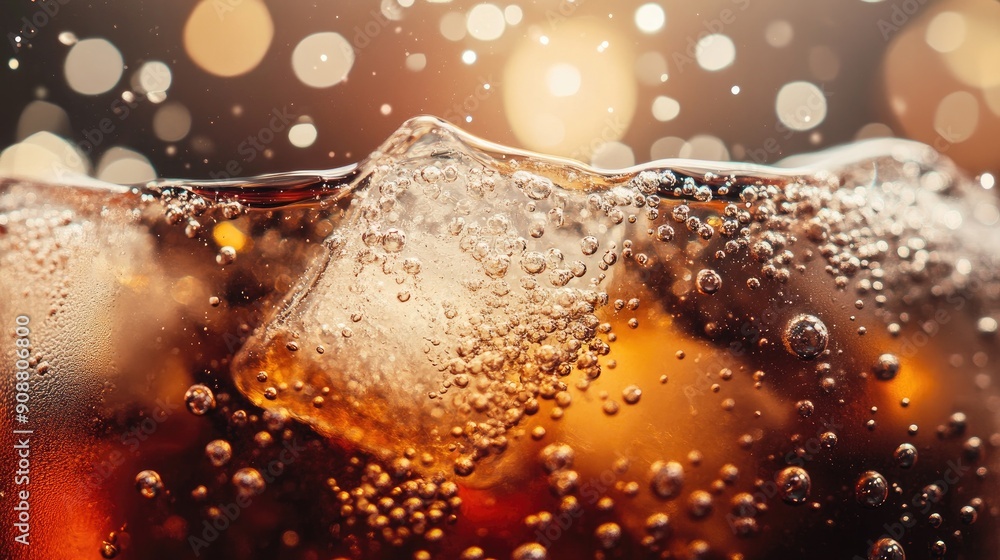 Aufkleber macro shot of cola with ice cubes, bubbles sparkling and fizzing
