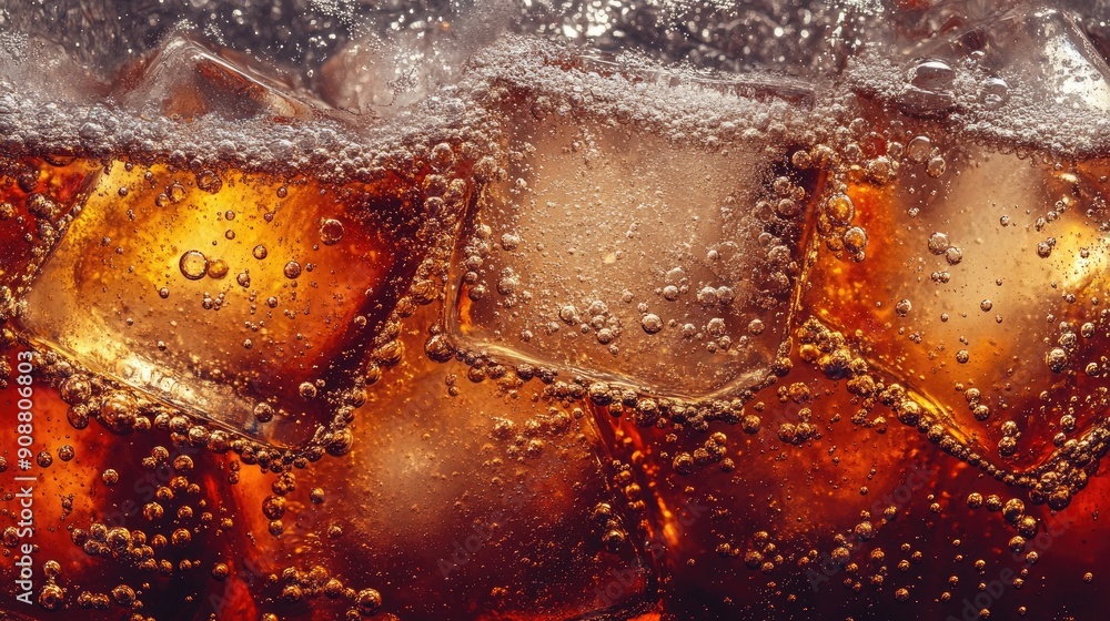 Aufkleber macro shot of cola with ice cubes, bubbles sparkling and fizzing