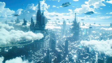 Fototapeta premium City of the future Technology, Cities of the future with spaceships flying between cities, Futuristic, Cyberpunk, buildings, height view, Blue sky in the background with white clouds around the center