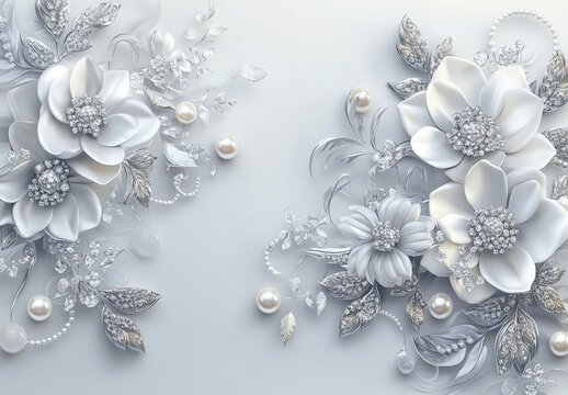 Elegant 3D floral background with silver and white flowers