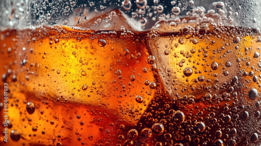 Poster macro shot of cola with ice cubes, bubbles sparkling and fizzing