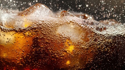 Macro shot of cola with ice cubes, bubbles sparkling and fizzing