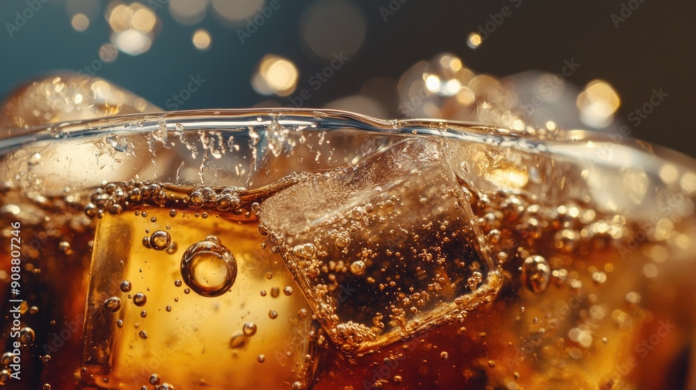 Poster macro shot of fizzy cola with ice cubes, bubbles floating to the surface