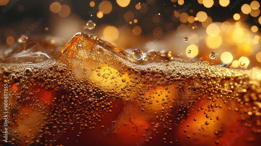 Poster macro shot of fizzy cola with ice cubes, bubbles floating to the surface