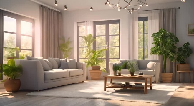Cozy living room with white sofas and large windows  Seamless looping time lapse video animation background 4k animation