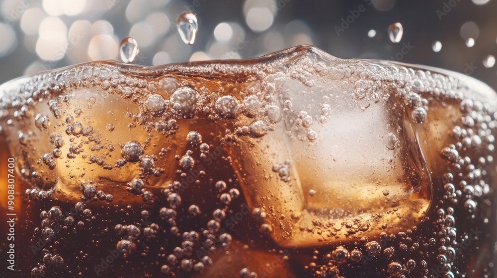 Poster macro shot of fizzy cola with ice cubes, bubbles floating to the surface